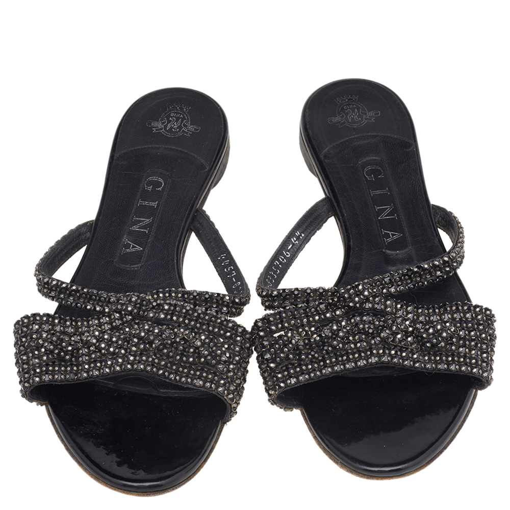 Gina Black Crystal Embellished Leather Flat Slides Size 37.5