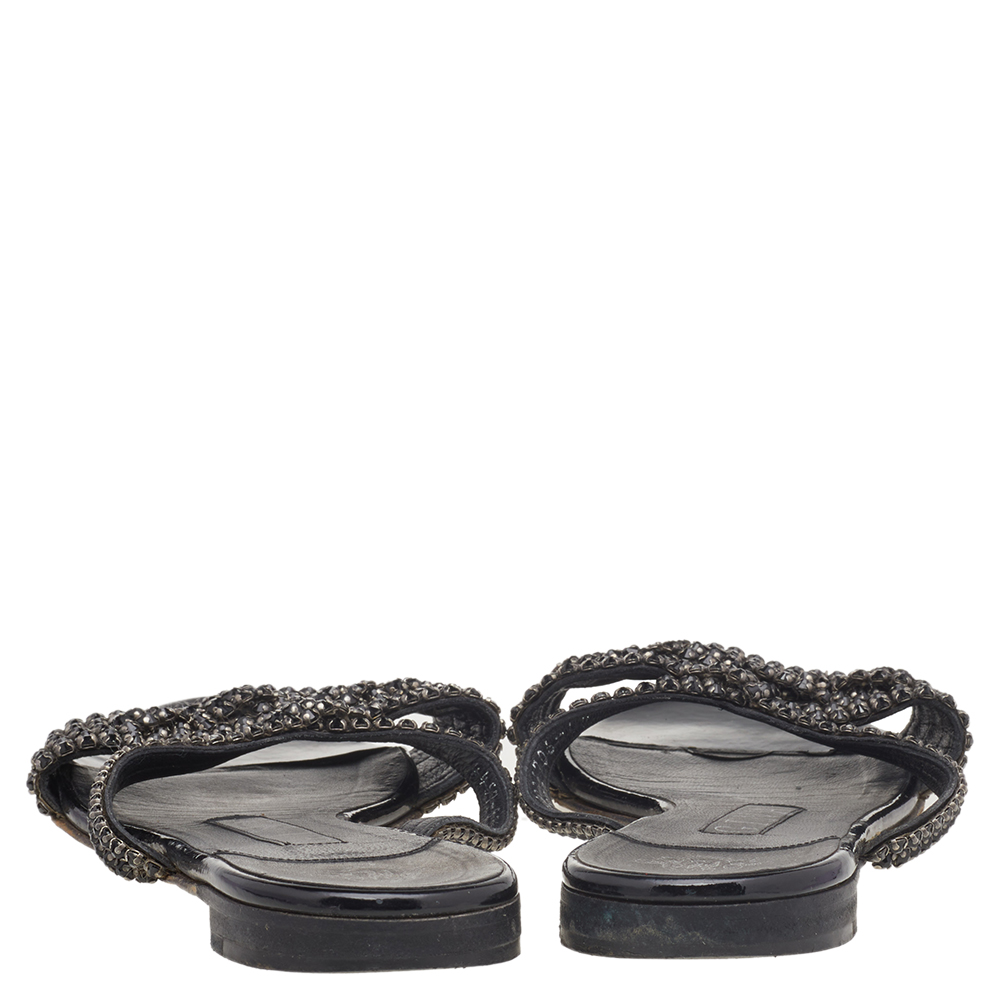 Gina Black Crystal Embellished Leather Flat Slides Size 37.5
