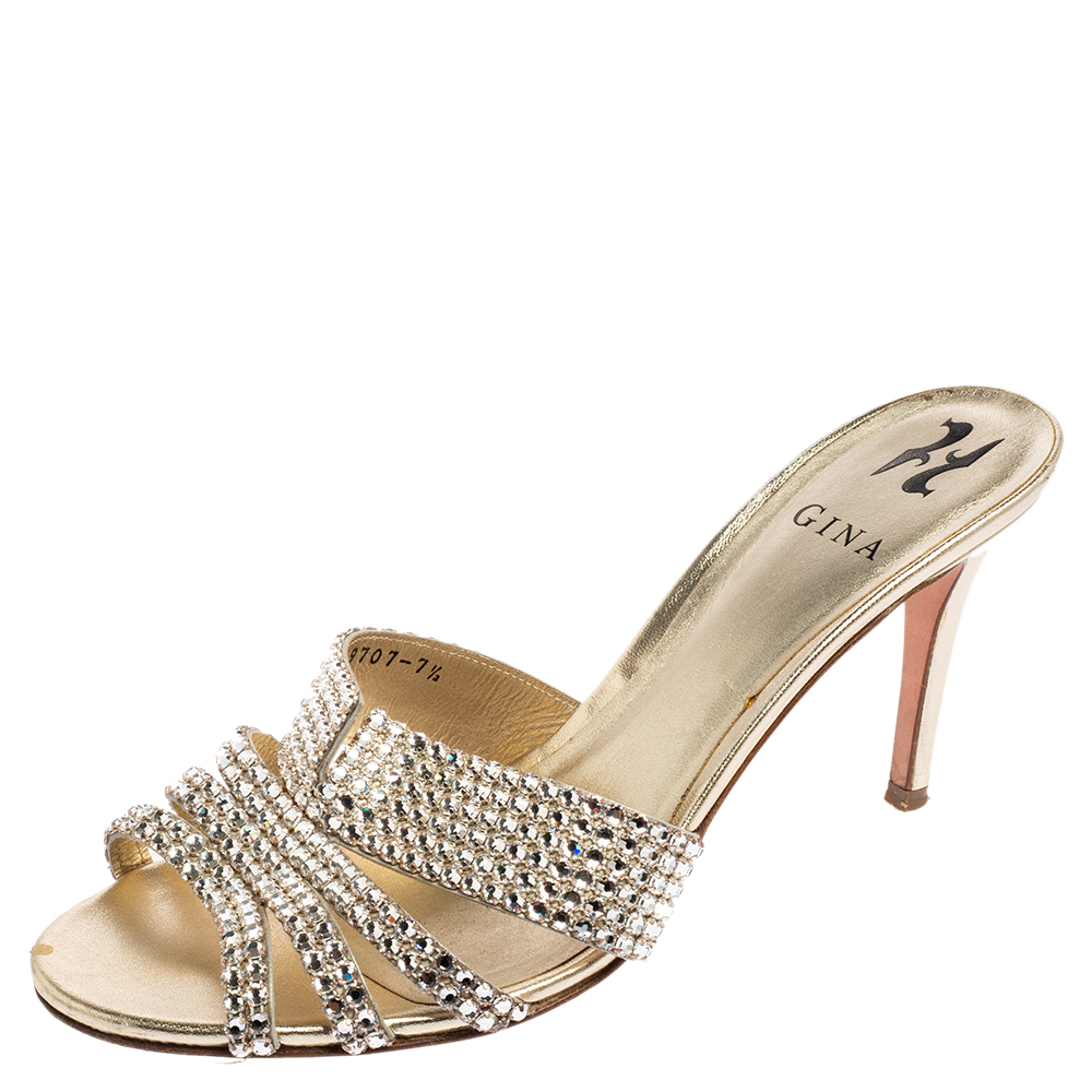 Gina Gold Leather Crystal Embellished Dakota Slide Sandals Size 40.5