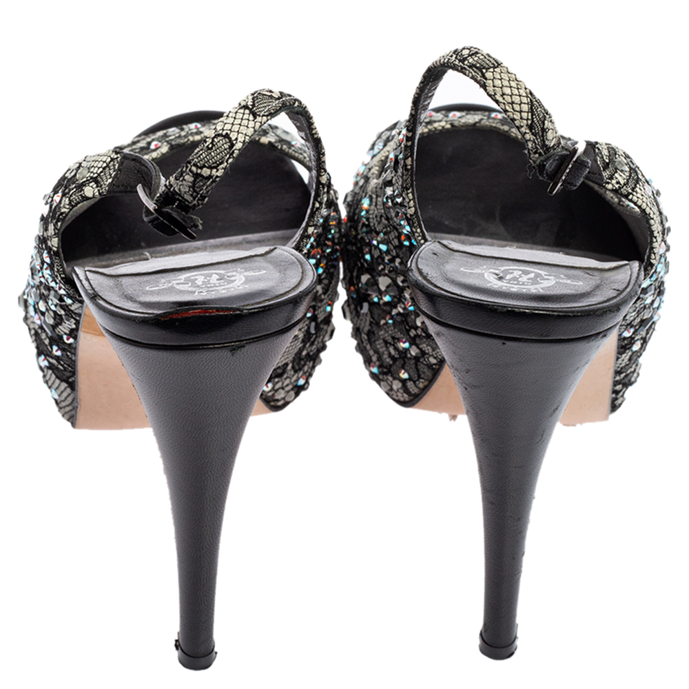 Gina Black Lace Crystal Embellished Peep Toe Slingback Platform Pumps Size 37.5
