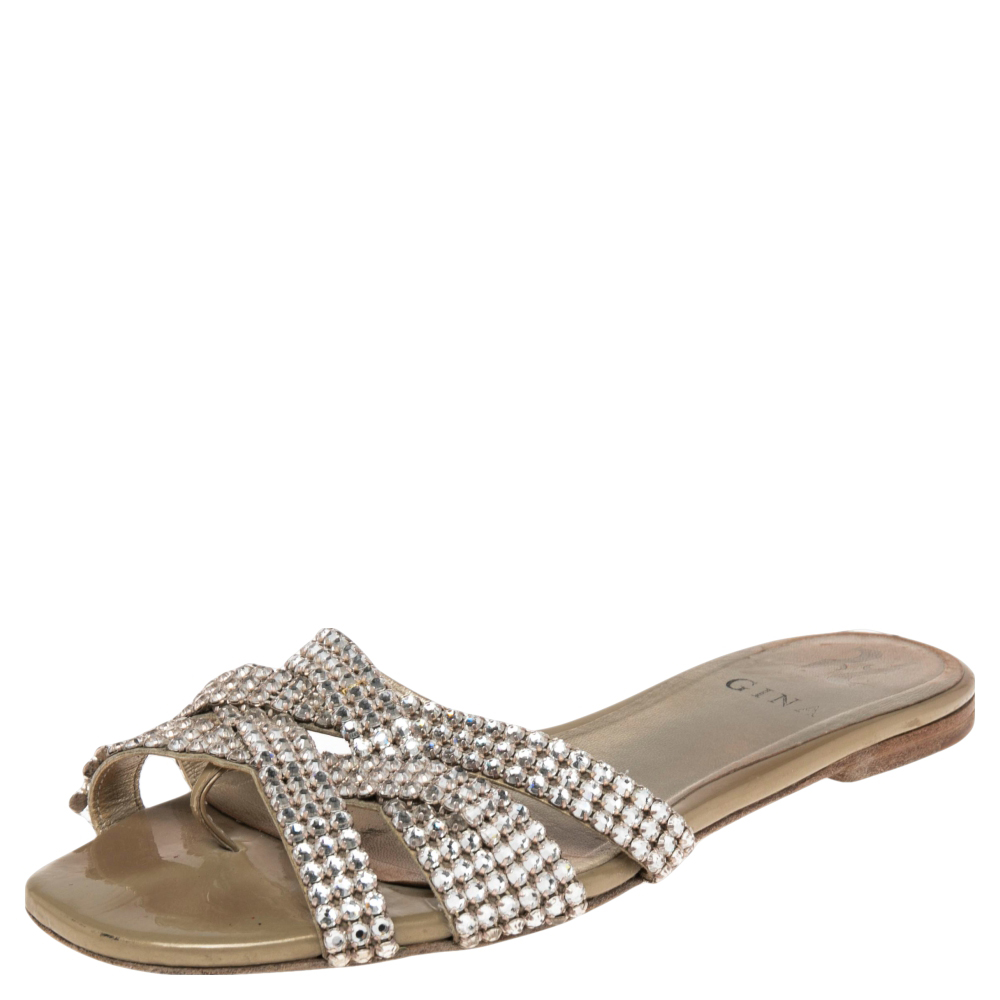 Gina Rose Grey Leather And Crystal Embellished Dakota Slide Sandals Size 38.5