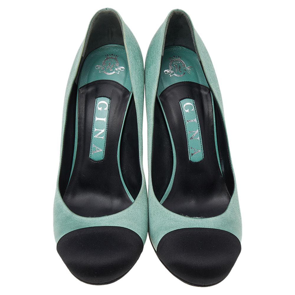 Gina Green/Black Satin Cap Toe Pumps Size 38