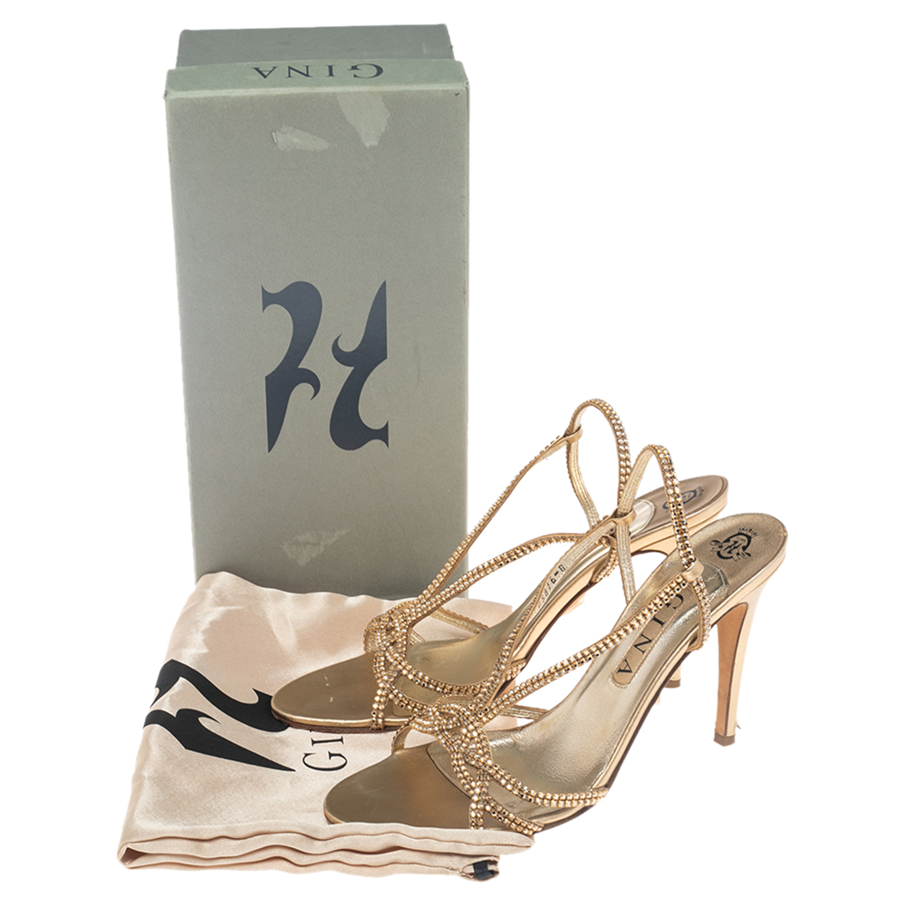 Gina Gold Crystal Embellished Leather Strappy Slingback Sandals Size 41