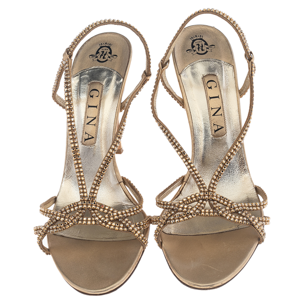 Gina Gold Crystal Embellished Leather Strappy Slingback Sandals Size 41