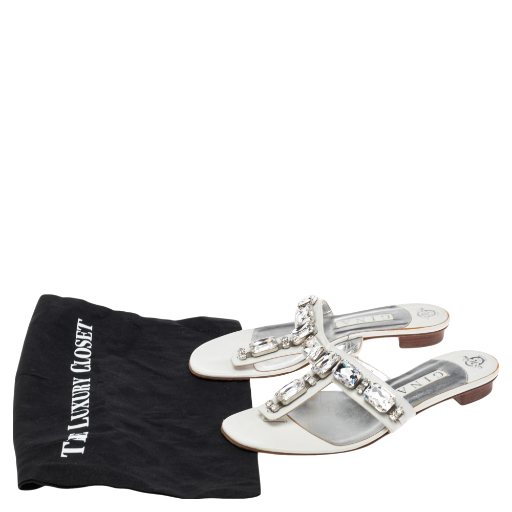 Gina White Leather Crystal Embellished Thong Flat Slides Size 40.5