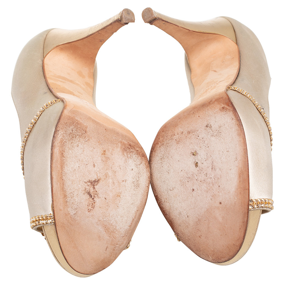 Gina Beige Satin And Leather Crystal Embellished Peep Toe Pumps Size 39