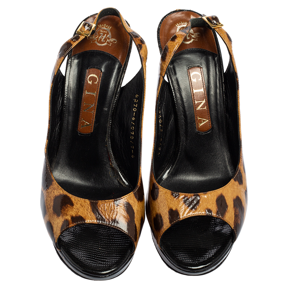 Gina Brown/Black Leopard Print Patent Leather Peep Toe Platform Slingback Sandals Size 39