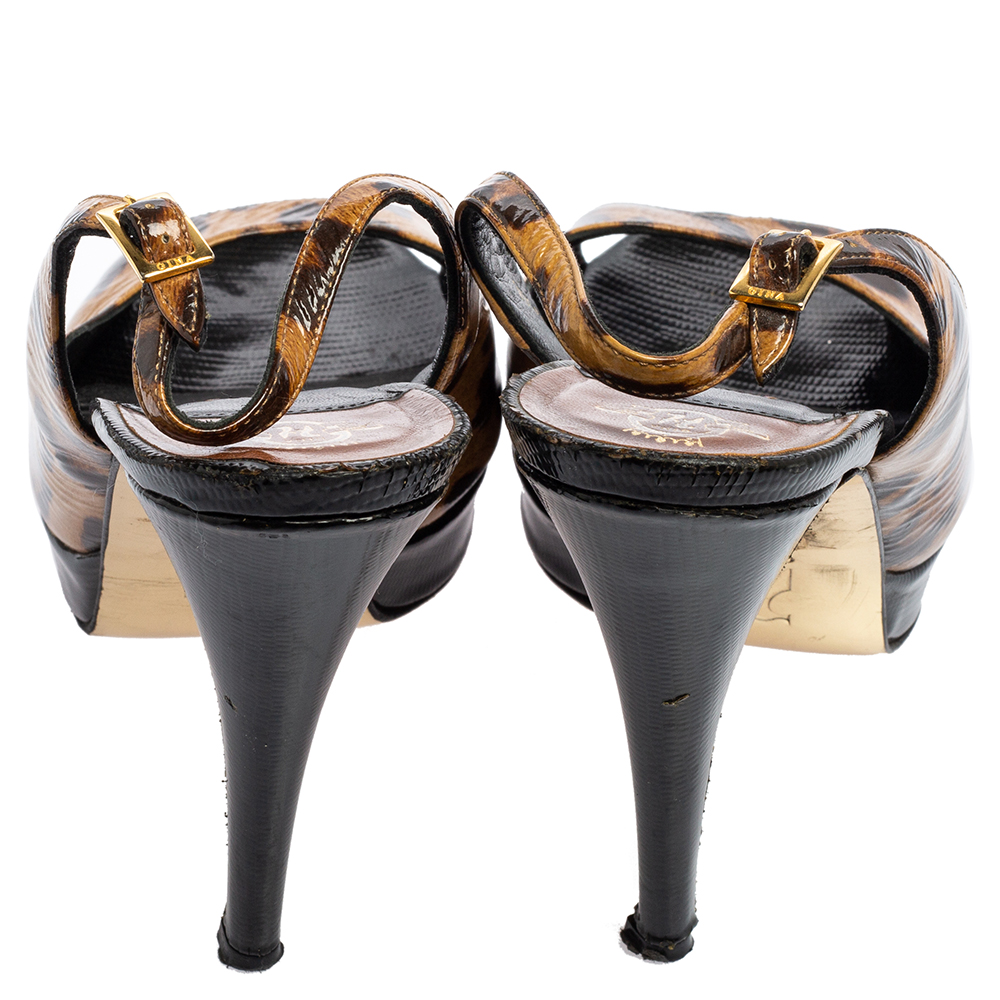 Gina Brown/Black Leopard Print Patent Leather Peep Toe Platform Slingback Sandals Size 39