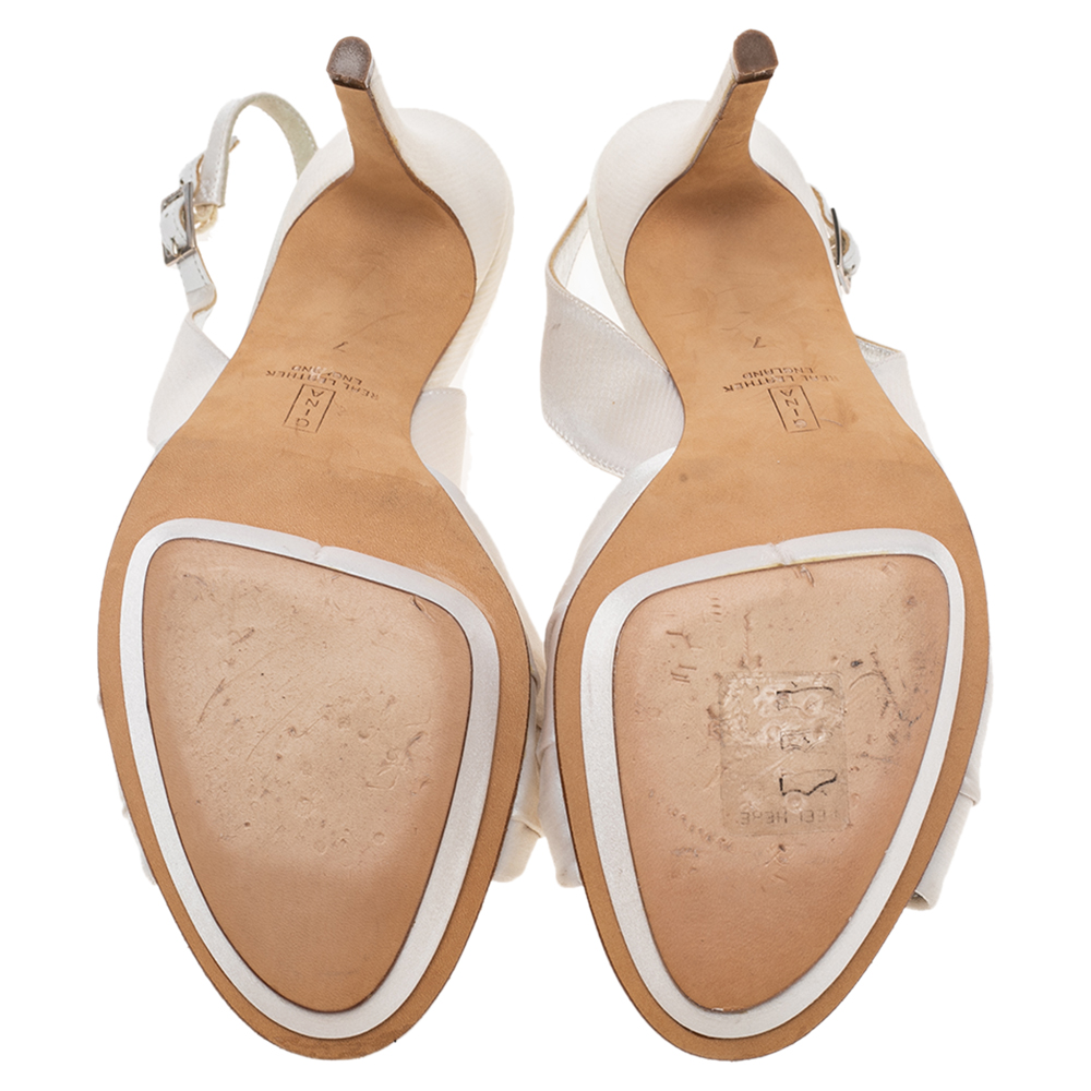Gina White Satin Crystal Embellished Peep Toe Slingback Sandals Size 40