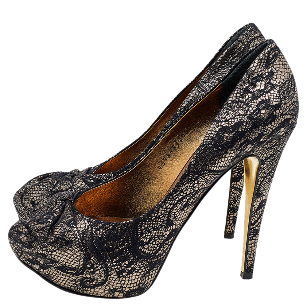 Gina Black/Gold Lace And Leather Platform Pumps Size 40