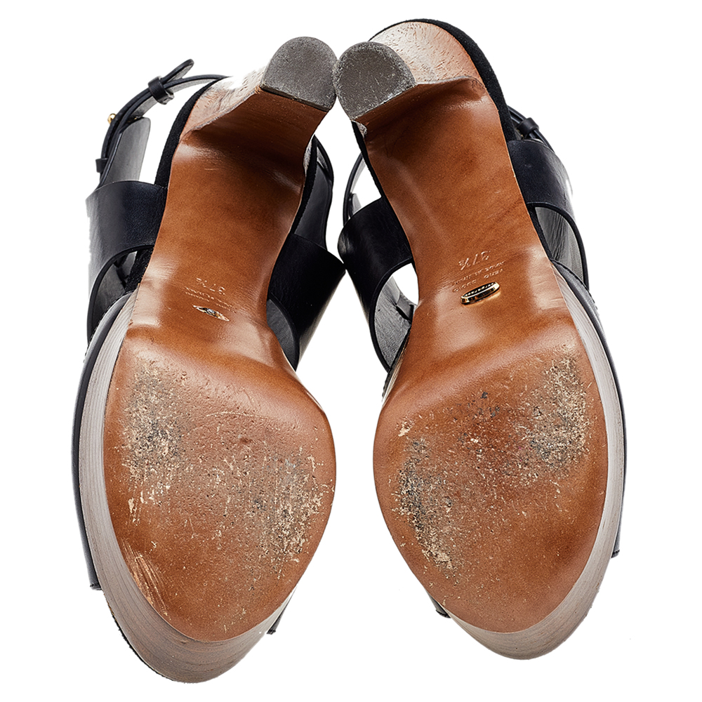 Gina Black Leather Open Toe Platform Pumps Size 37.5