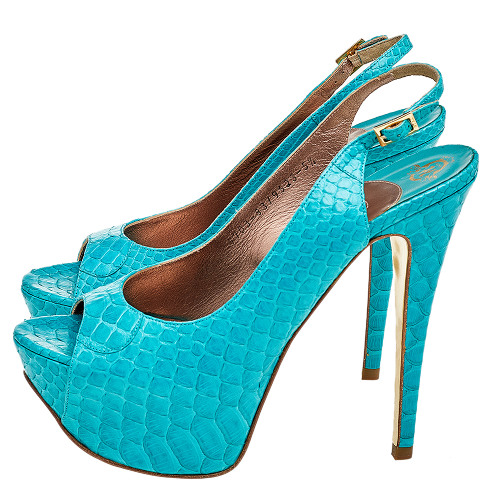 Gina Blue Python Peep Toe Platform Slingback Sandals Size 38.5