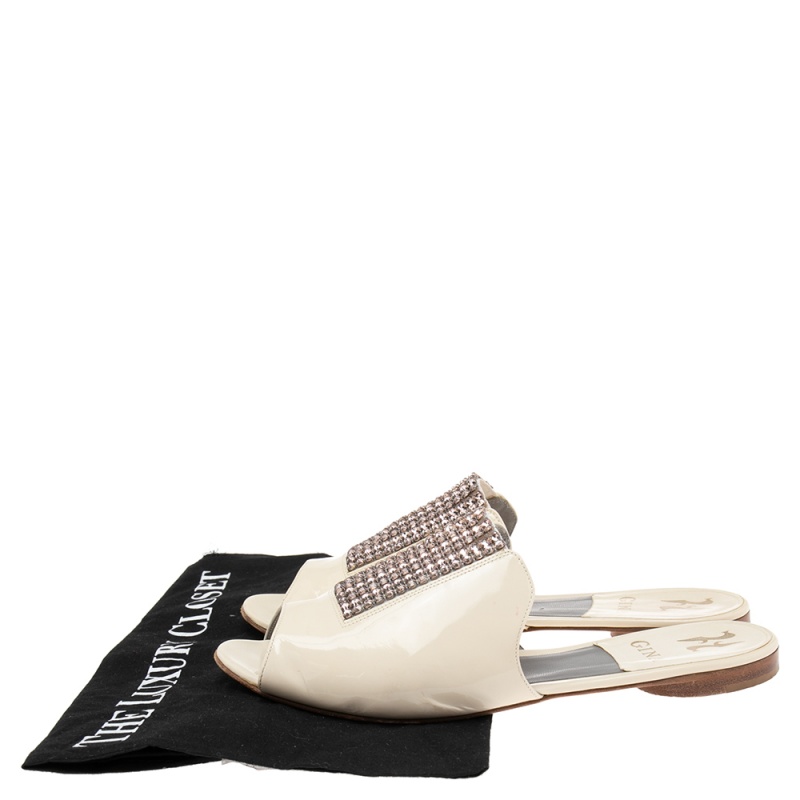 Gina Cream Patent Leather Crystal Embellished Slide Sandals Size 39