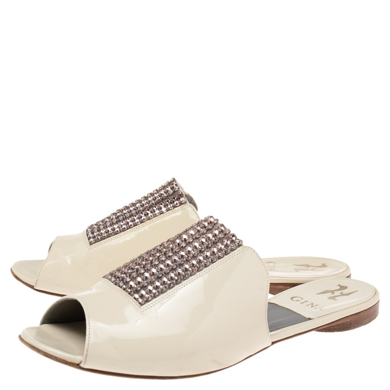 Gina Cream Patent Leather Crystal Embellished Slide Sandals Size 39