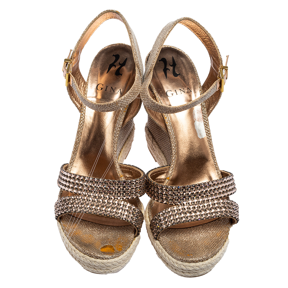 Gina Rose Gold Glitter And Crystal-Embellished Leather Espadrille Platform Wedge Sandals Size 40
