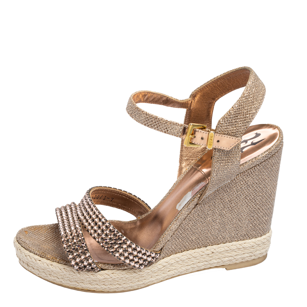 Gina Rose Gold Glitter And Crystal-Embellished Leather Espadrille Platform Wedge Sandals Size 40