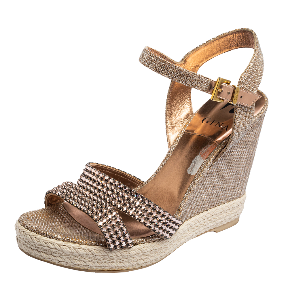 Gina rose gold glitter and crystal-embellished leather espadrille platform wedge sandals size 40