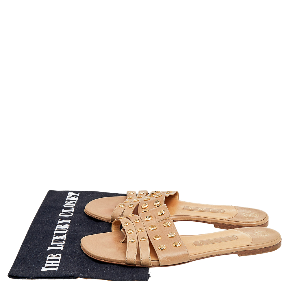 Gina Beige Leather Embellished Slide Sandals Size 38.5