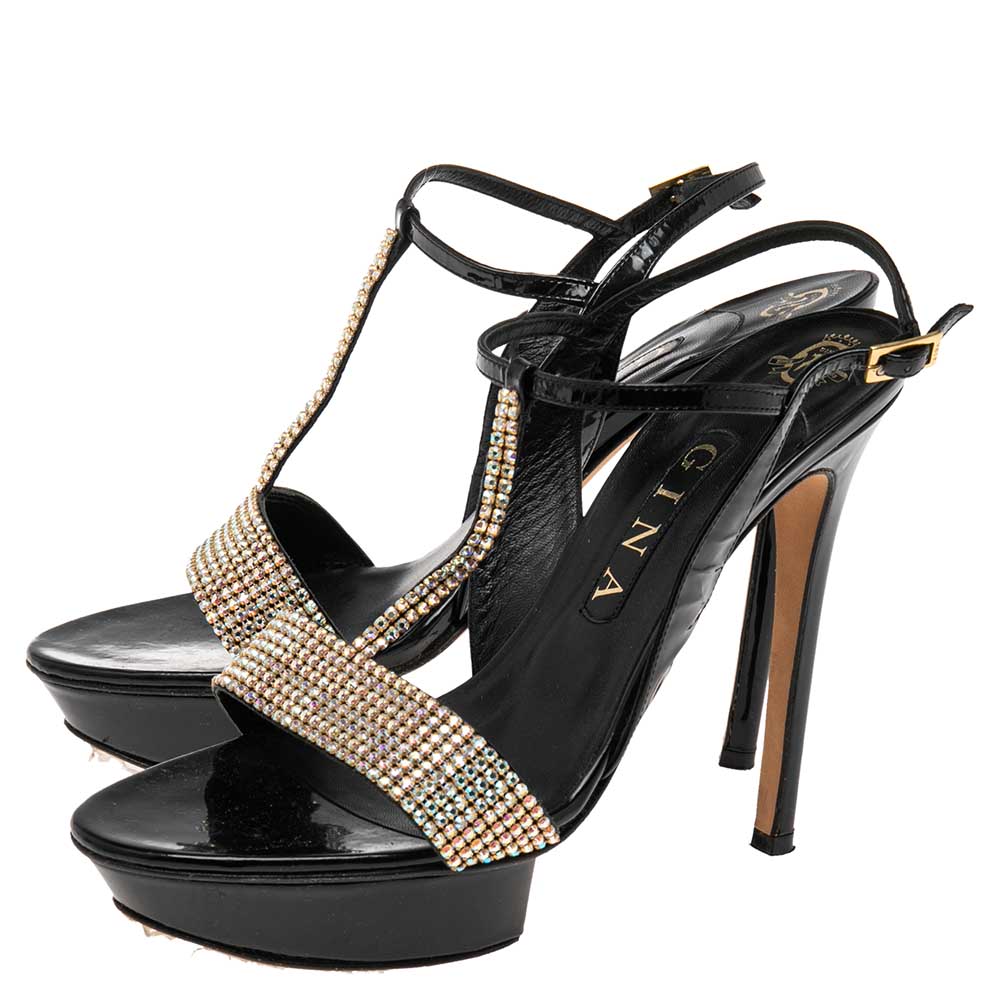 Gina Black Patent Leather Crystal Embellished T-Strap Sandals Size 39.5