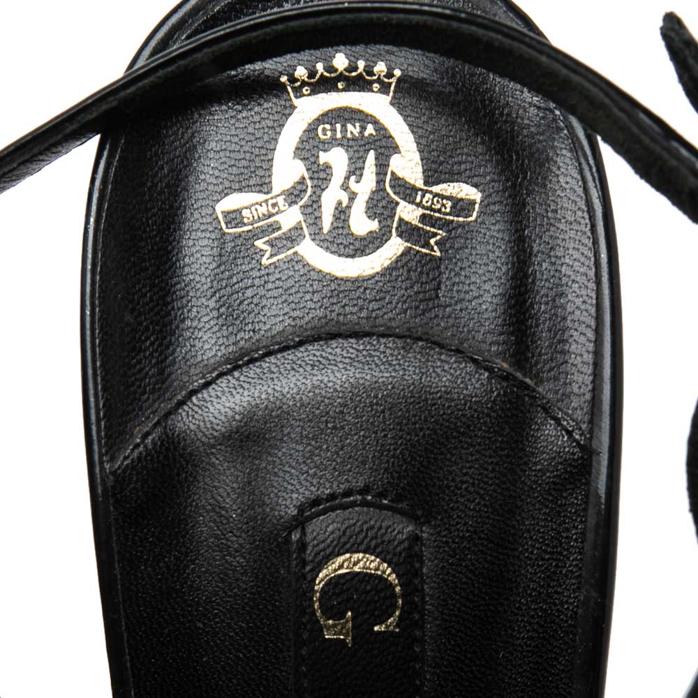 Gina Black Patent Leather Crystal Embellished T-Strap Sandals Size 39.5