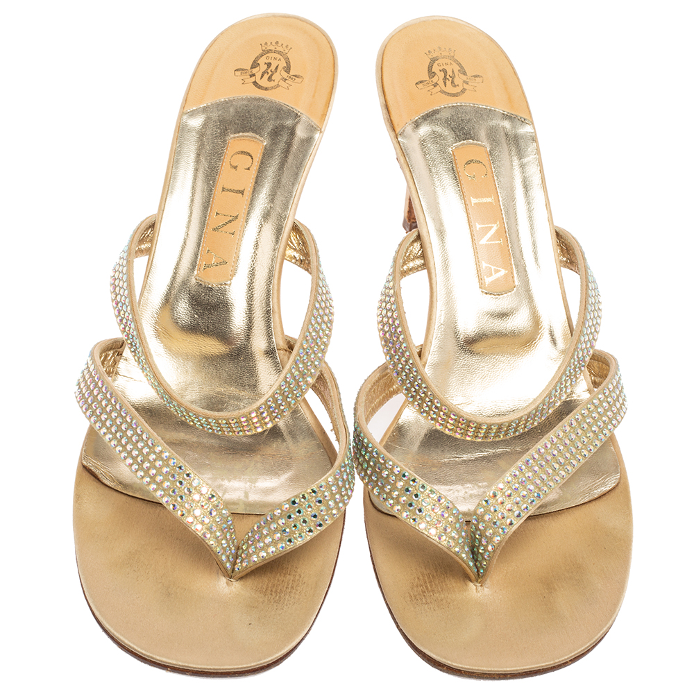 Gina Gold Crystal Embellished Leather Slide Sandals Size 40.5