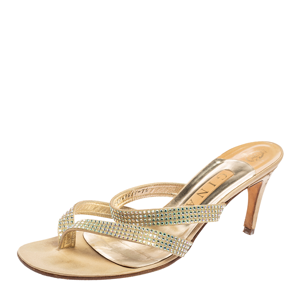 Gina gold crystal embellished leather slide sandals size 40.5