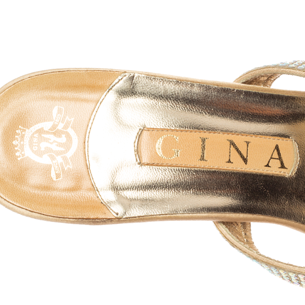 Gina Gold Crystal Embellished Leather Slide Sandals Size 40.5