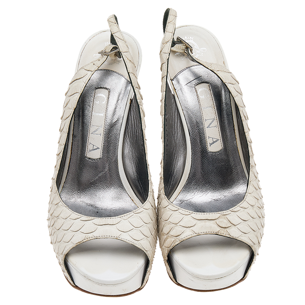 Gina White Python Leather Peep Toe Platform Slingback Sandals Size 38