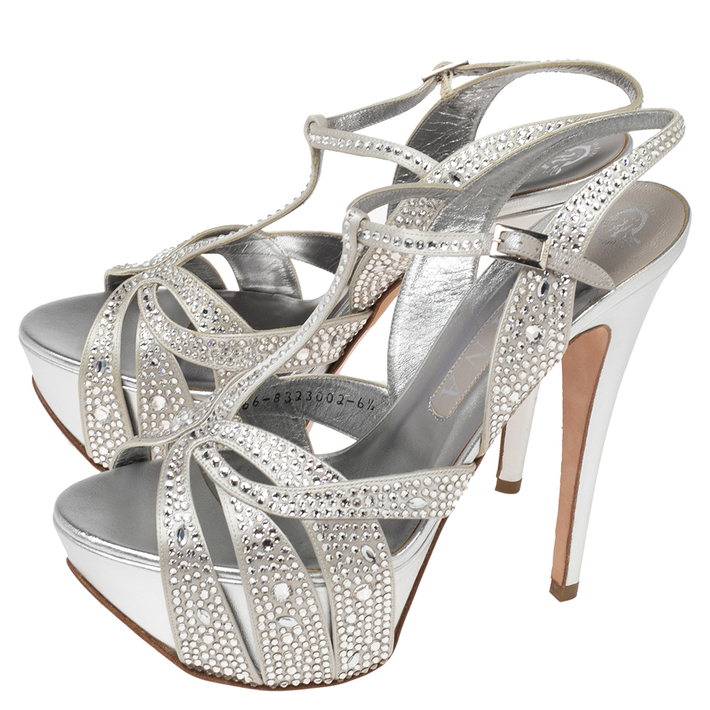 Gina Grey Leather Crystals Embellished T Strap Platform Sandals Size 39.5
