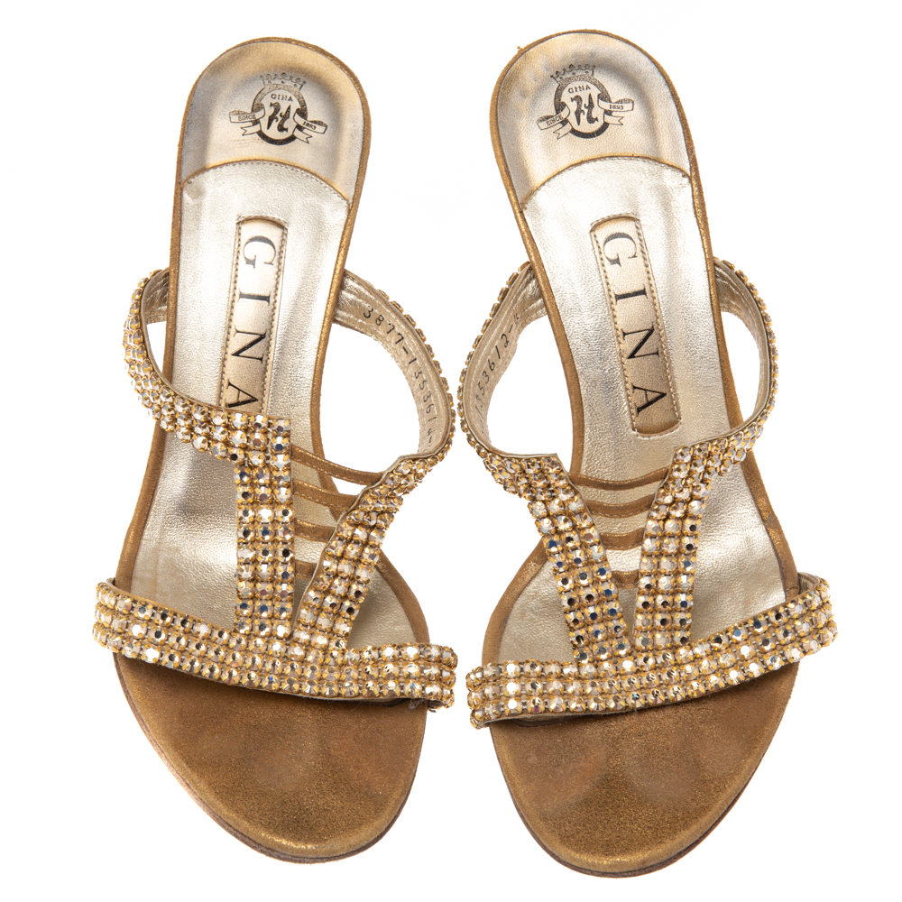 Gina Gold Crystal Embellished Leather Mule Sandals Size 37