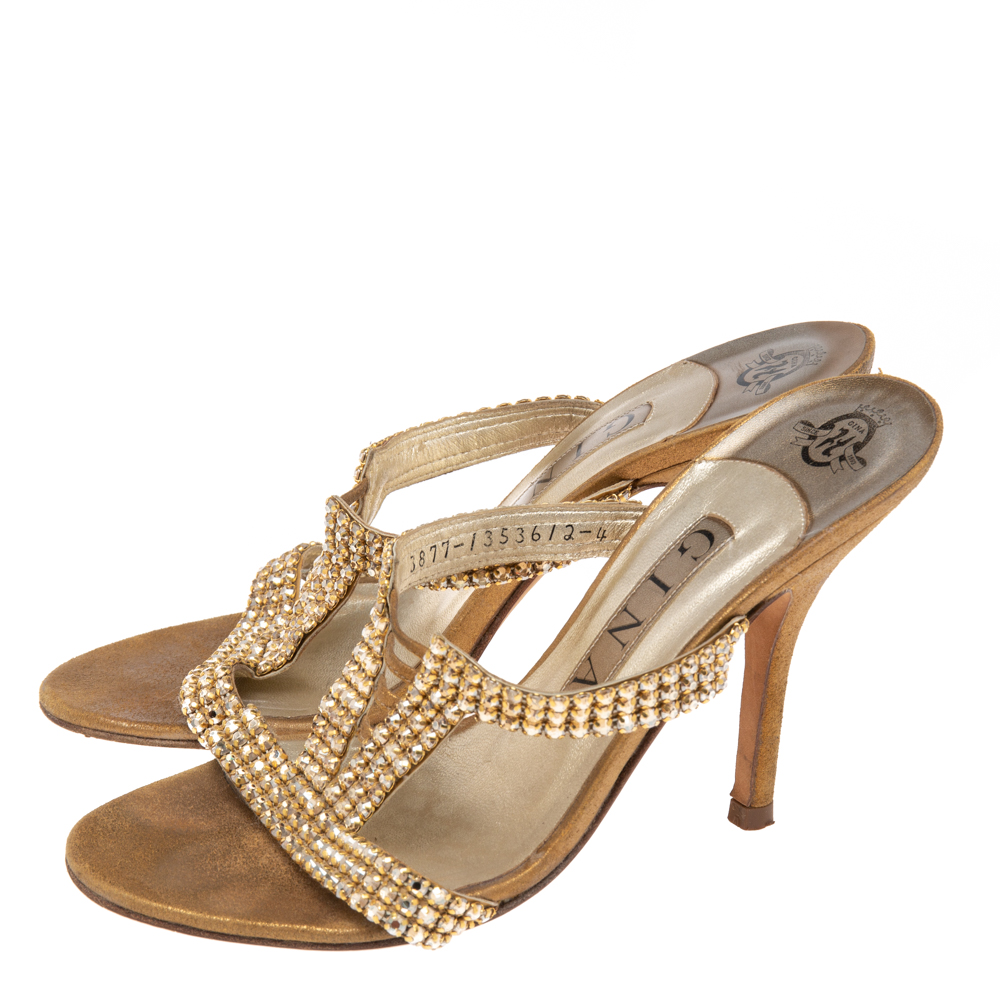 Gina Gold Crystal Embellished Leather Mule Sandals Size 37