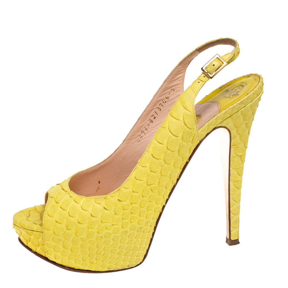 

Gina Yellow Python Leather Peep Toe Slingback Pumps Size