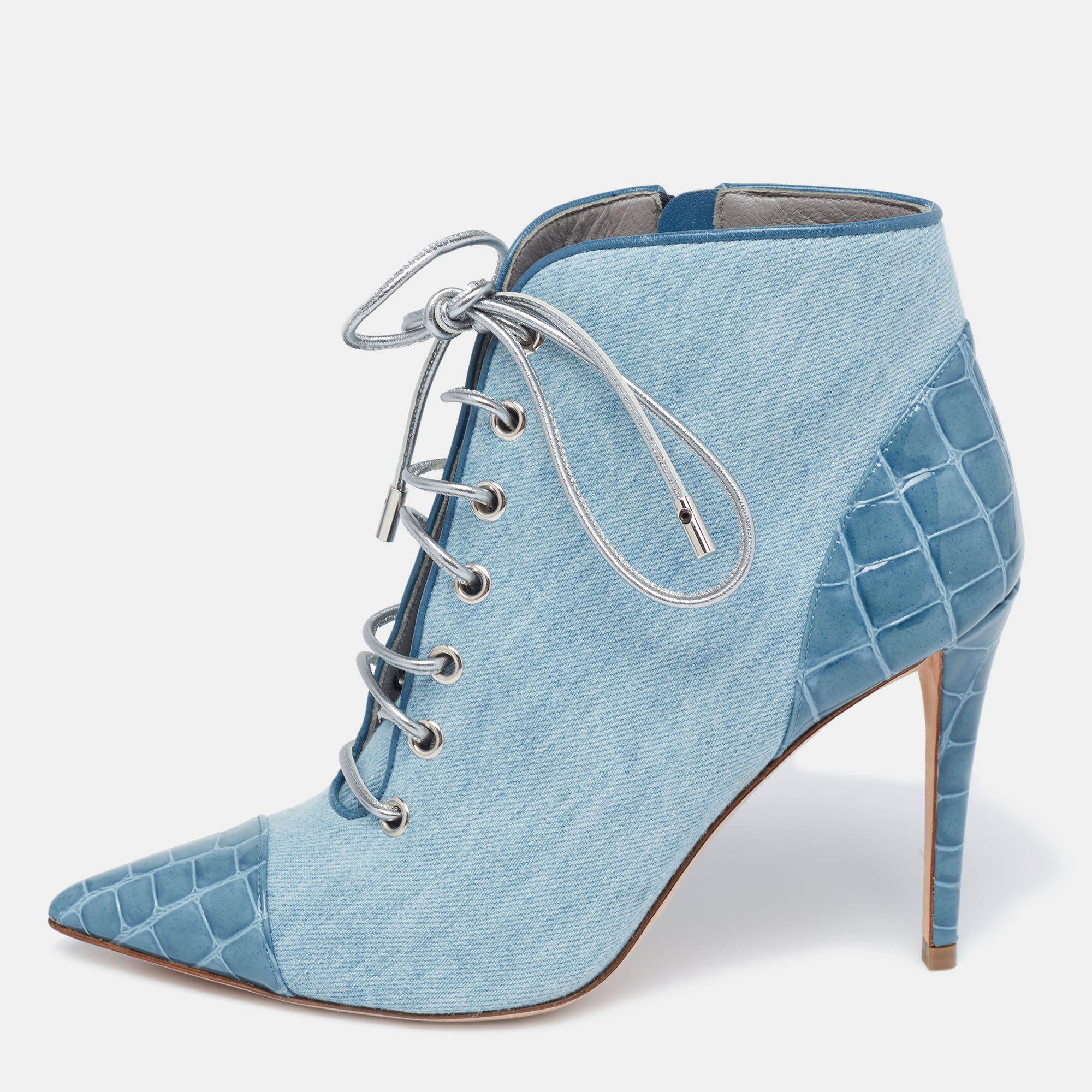Gina Blue Denim And Croc Embossed Patent Ankle Boots Size 38
