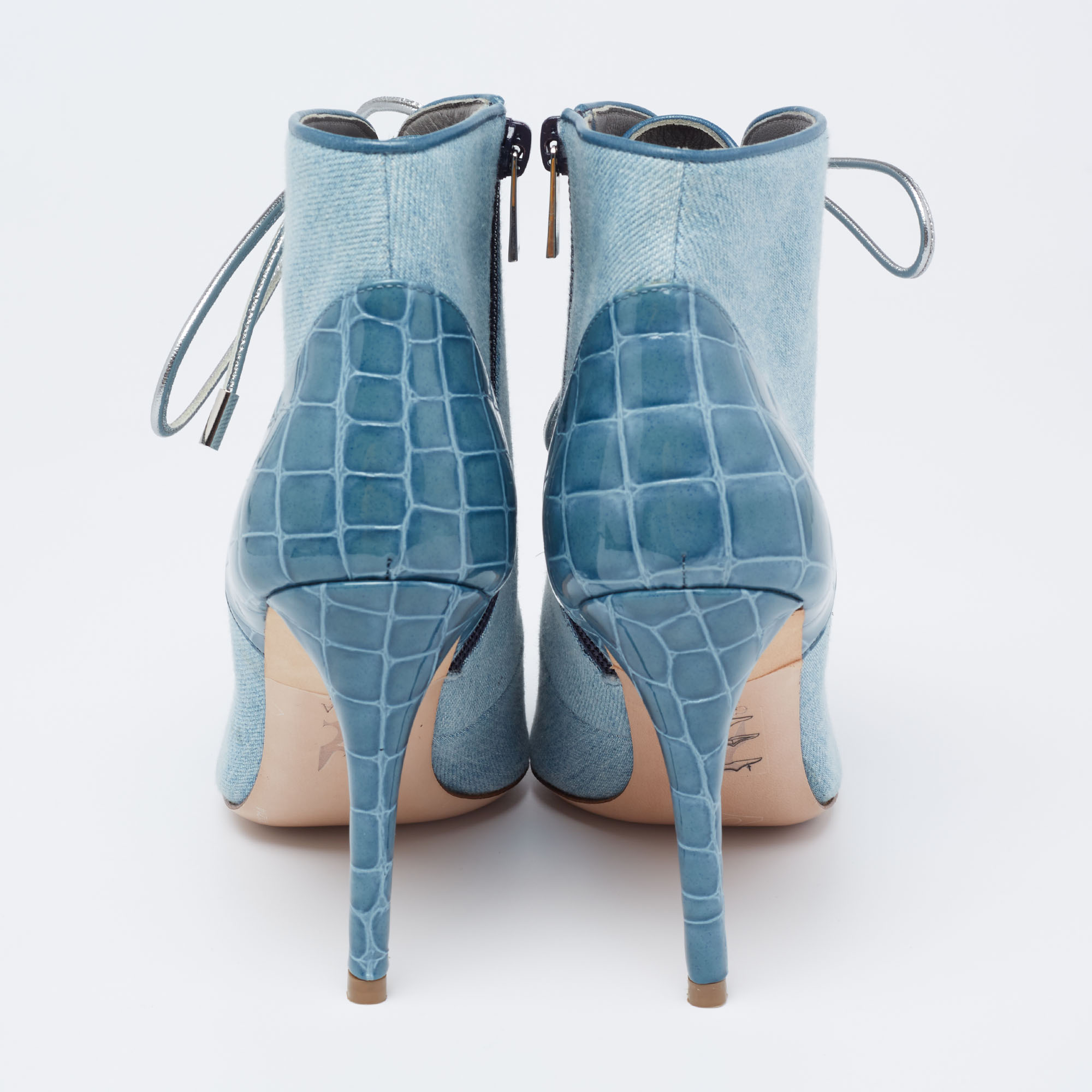 Gina Blue Denim And Croc Embossed Patent Ankle Boots Size 38