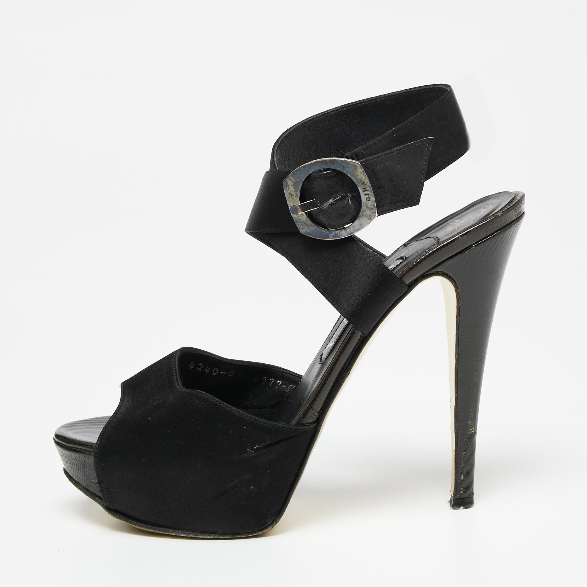 Gina Black Satin Ankle-Wrap Platform Sandals Size 38.5