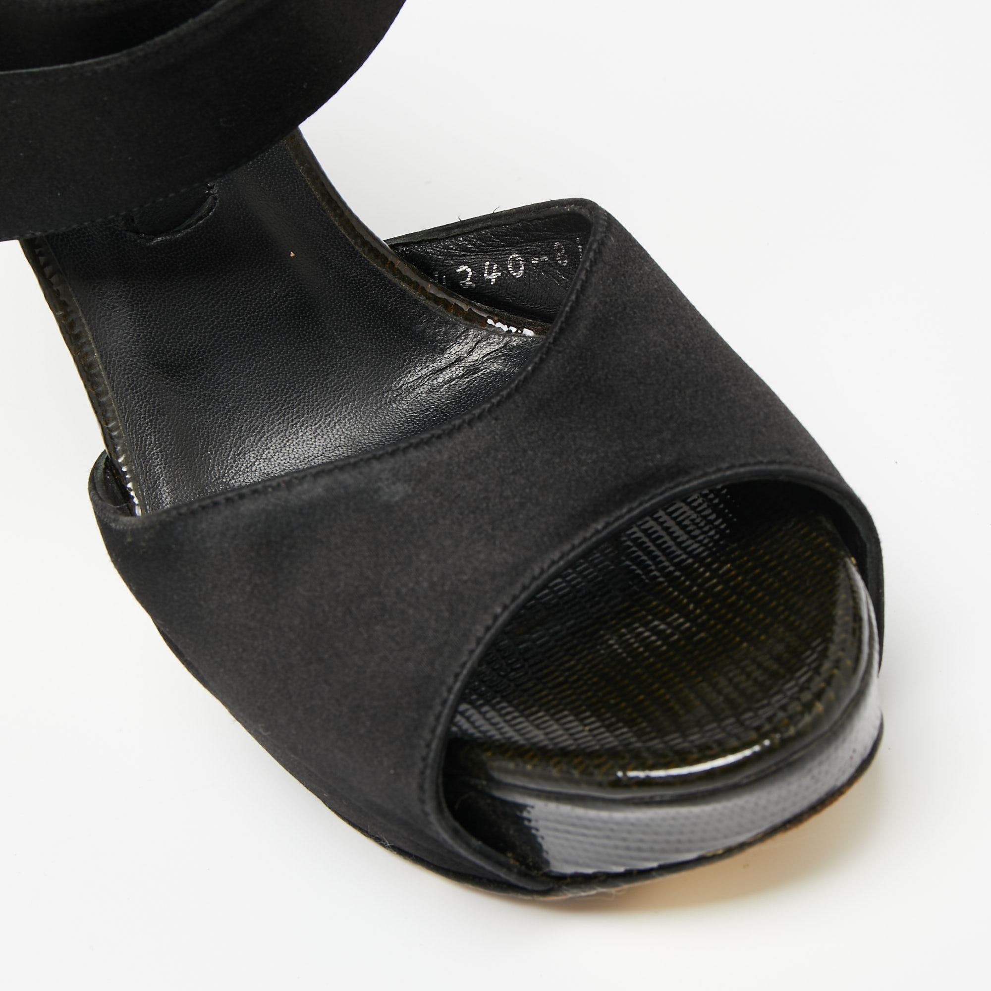 Gina Black Satin Ankle-Wrap Platform Sandals Size 38.5