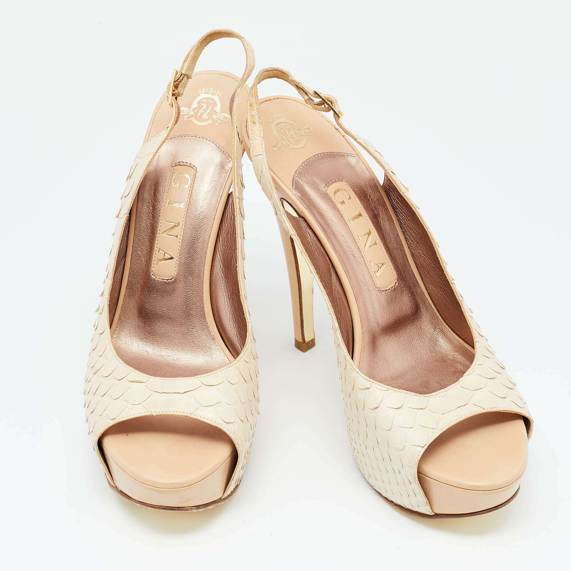 Gina Beige Python Leather Peep Toe Platform Slingback Sandals Size 38.5