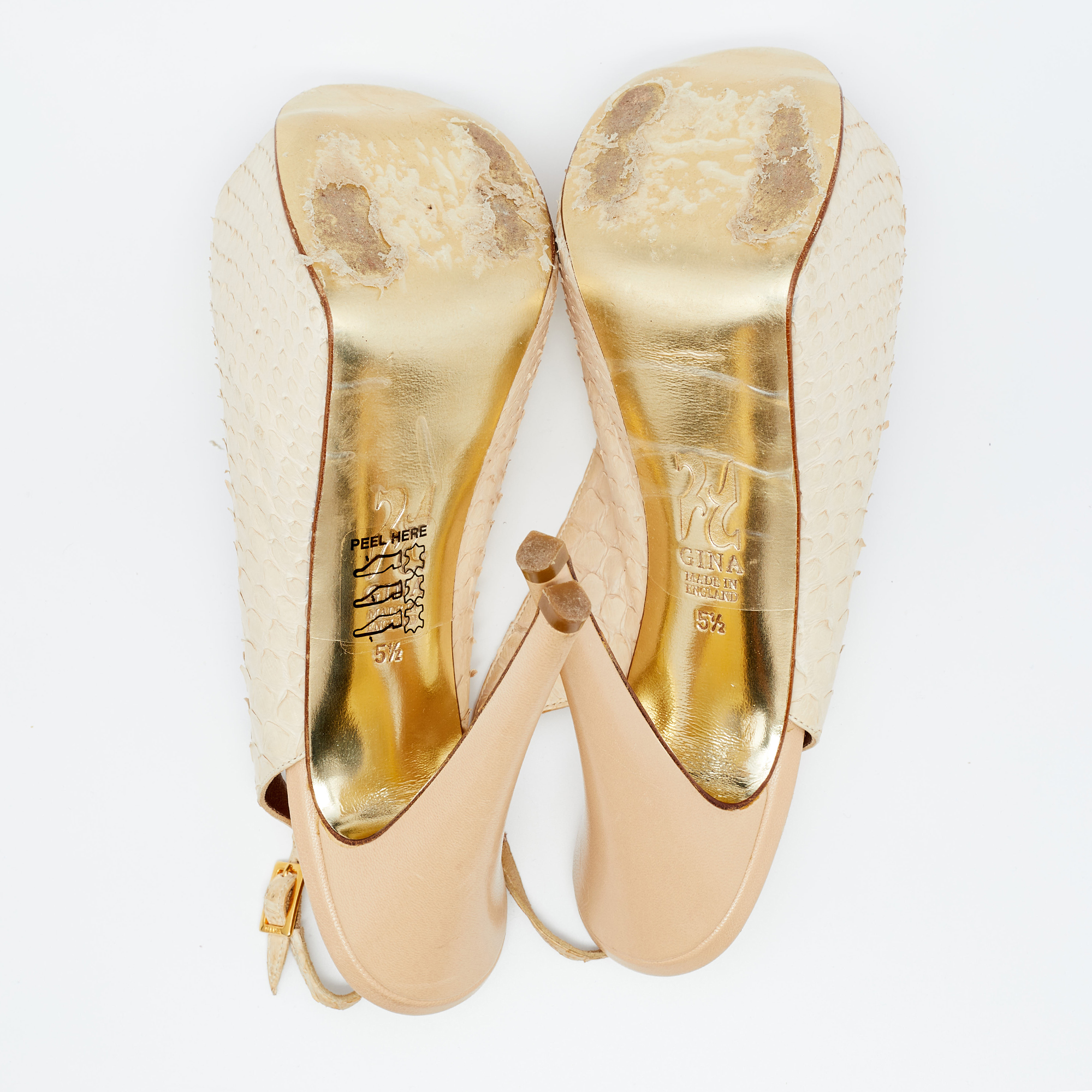 Gina Beige Python Leather Peep Toe Platform Slingback Sandals Size 38.5