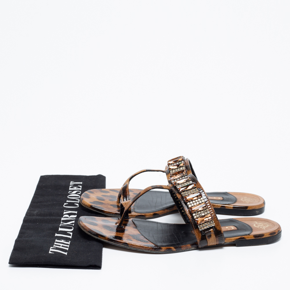 Gina Brown/Black Leopard Print Patent Leather Crystal Embellished  Sandals Size 38