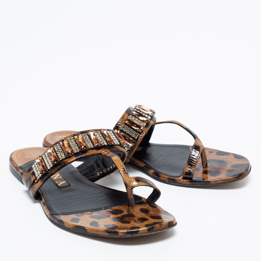 Gina Brown/Black Leopard Print Patent Leather Crystal Embellished  Sandals Size 38