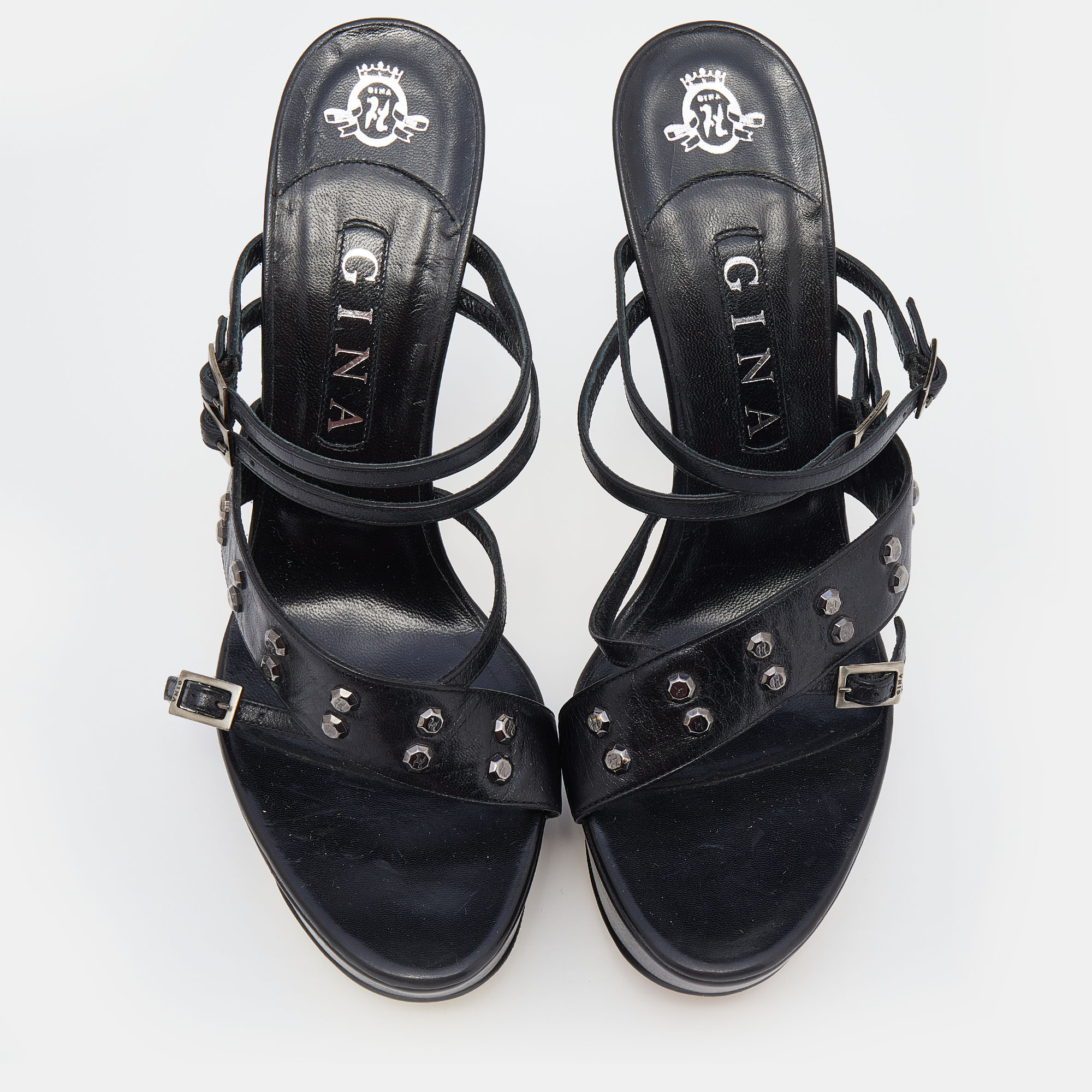 Gina Black Leather Strappy Platform Sandals Size 40.5