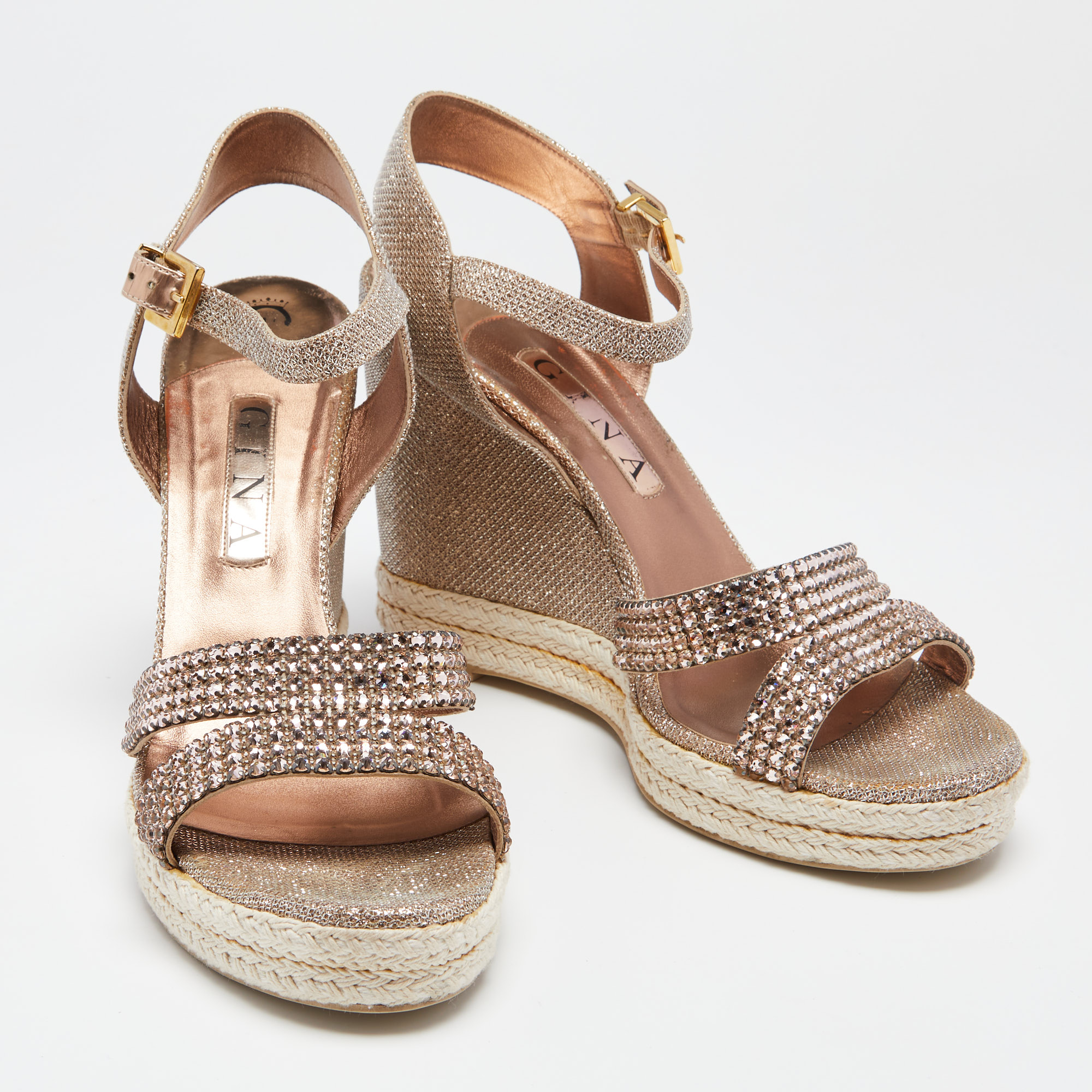 Gina Rose Gold Glitter And Mesh Snoop Crystal Embellished Wedge Sandals Size 40.5