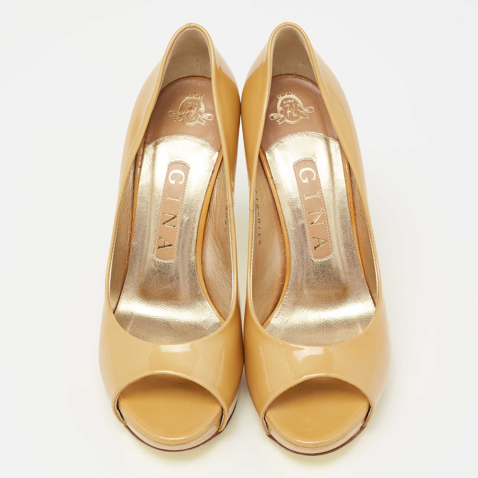 Gina Mustard Yellow Patent Leather Peep-Toe Pumps Size 37.5