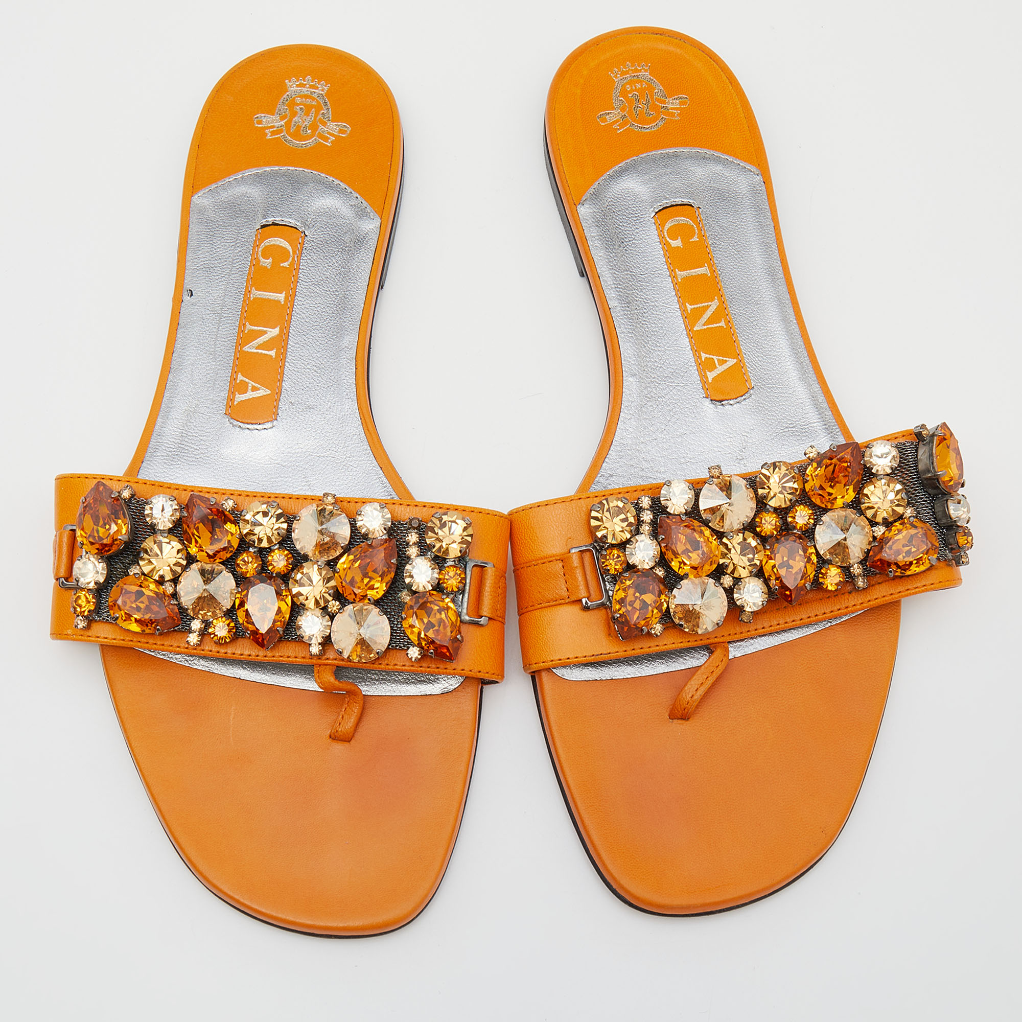 Gina Orange Crystal Embellished Leather Thong Flats Size 38