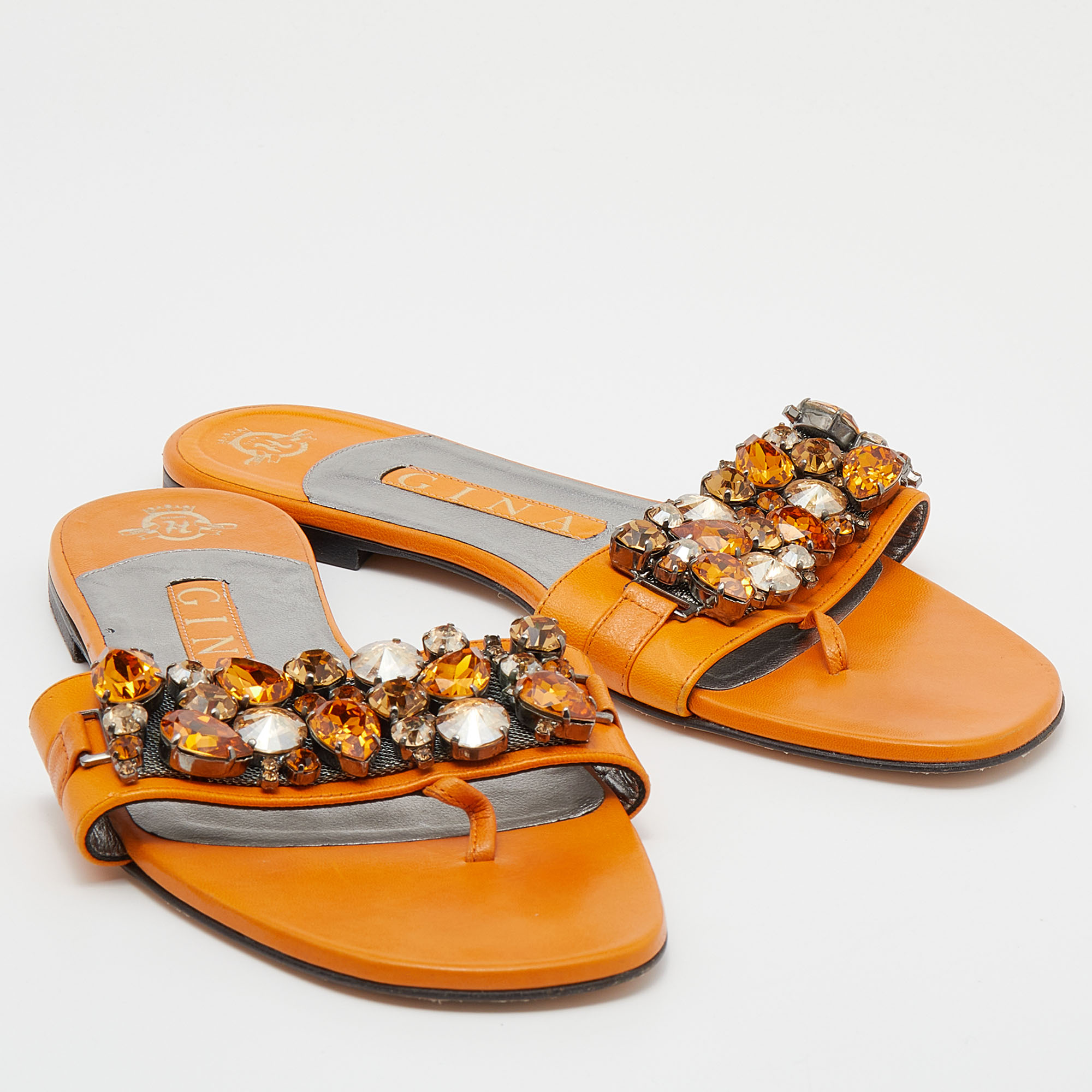 Gina Orange Crystal Embellished Leather Thong Flats Size 38