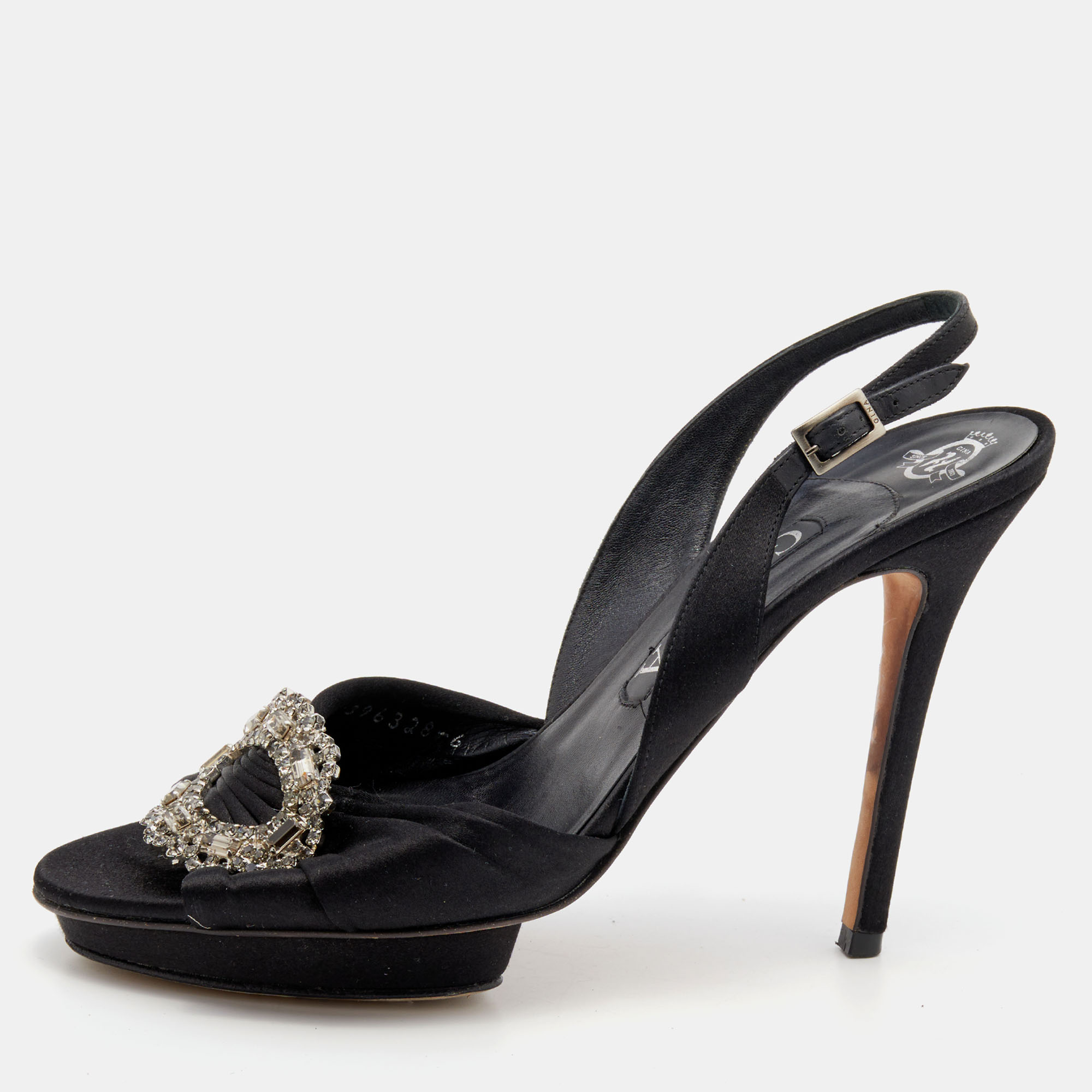 Gina black satin crystal embellished slingback sandals size 39