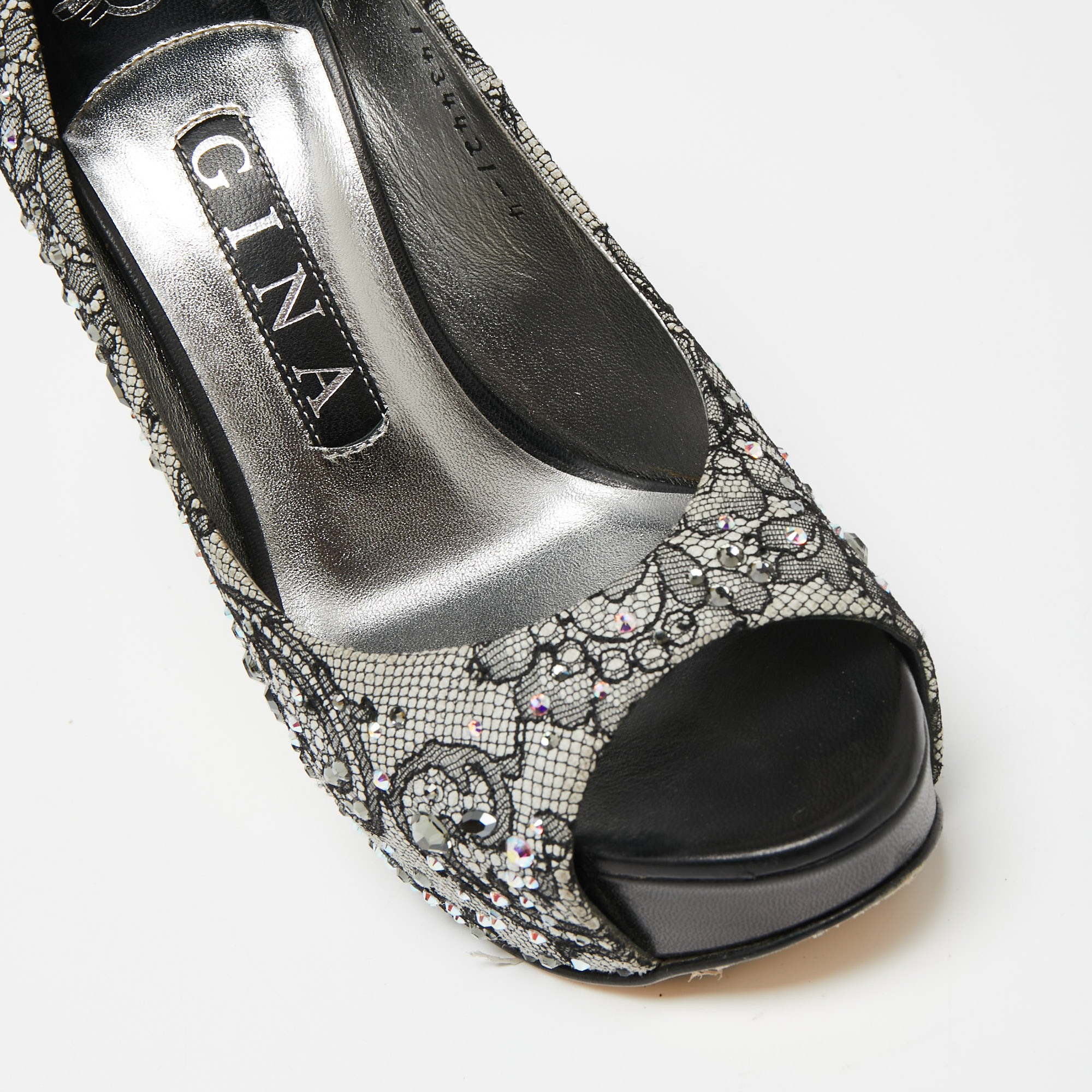 Gina Grey/Black Lace Crystal Embellished Open Peep  Platform Pumps Size 37