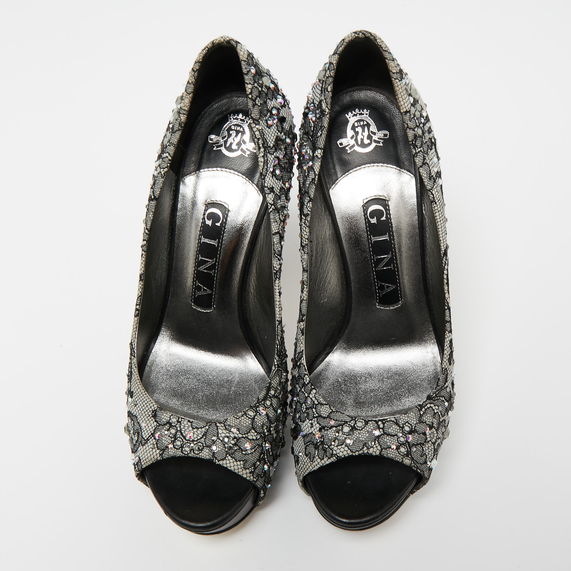Gina Grey/Black Lace Crystal Embellished Open Peep  Platform Pumps Size 37