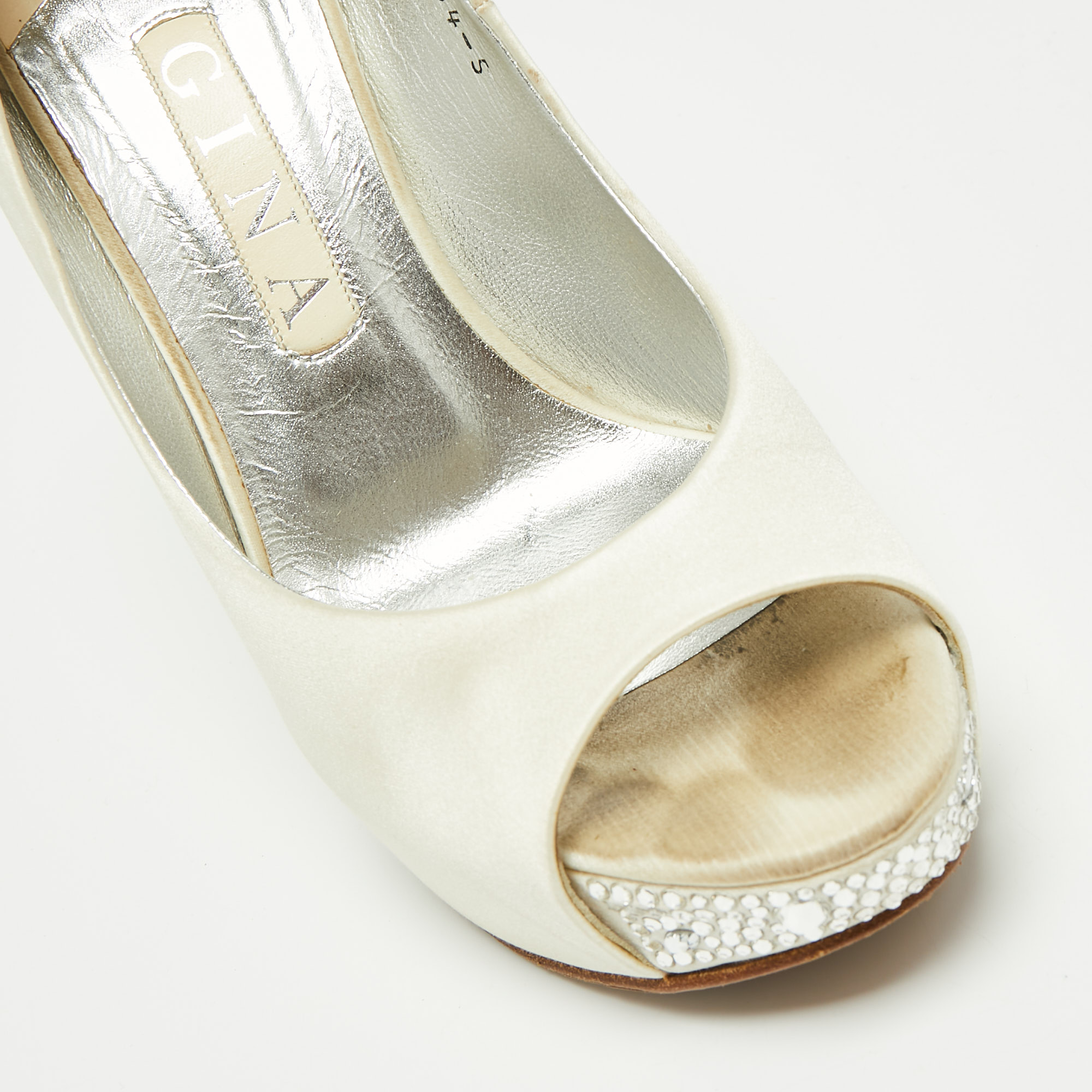 Gina White Satin Jenna Crystal Embellished Heel Peep Toe Platform Pumps Size 38