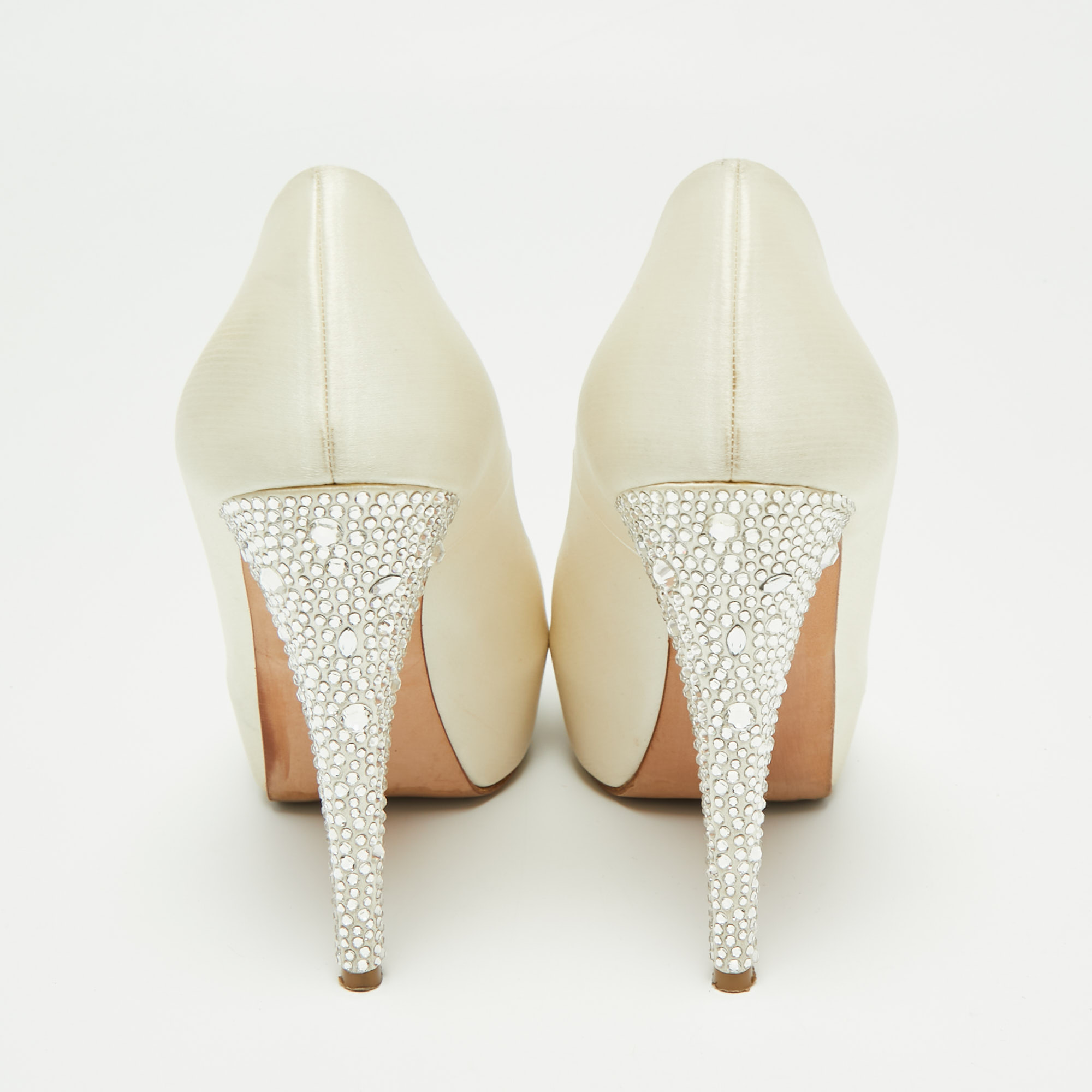 Gina White Satin Jenna Crystal Embellished Heel Peep Toe Platform Pumps Size 38